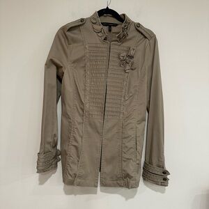 White House Black Market Tan military style with Ruffle Accents. Size 6